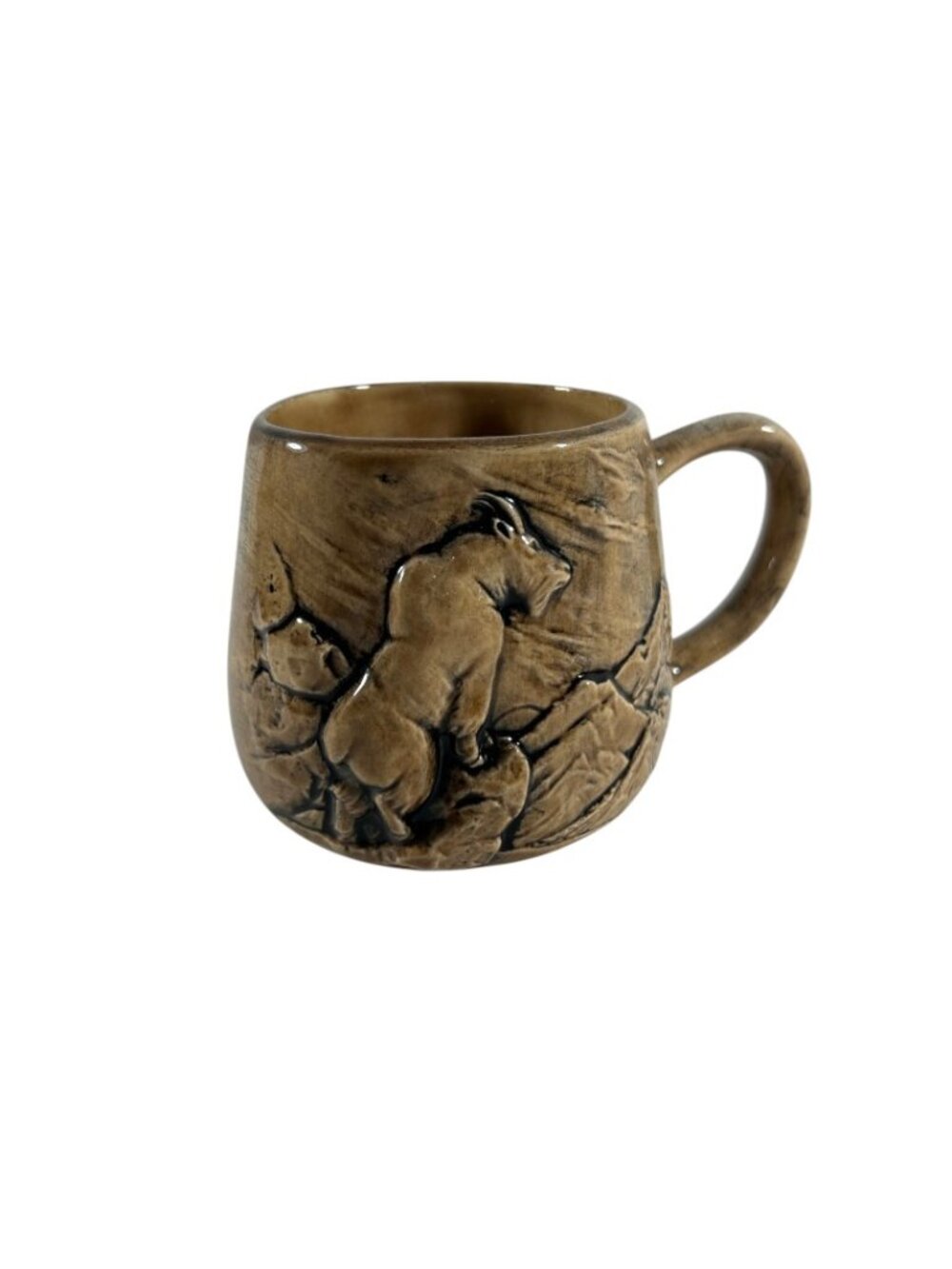 Signed Studio Pottery Mountain Goat Mug Raised Relief Rustic Cabin Wildlife